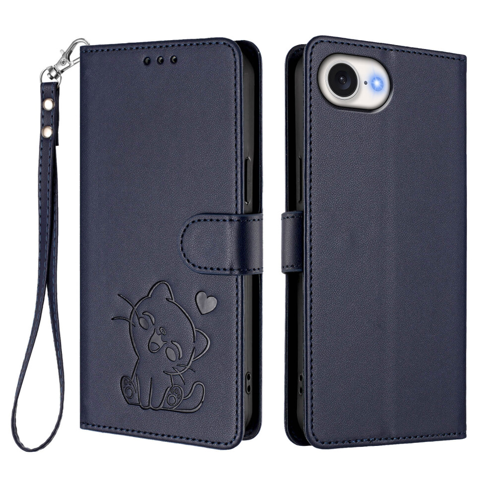 (Blue) For Iphone 17E / 16E Wallet Case With Wrist Strap Love Cat Pattern Imprint Leather Phone Cover Blue 6914294510883