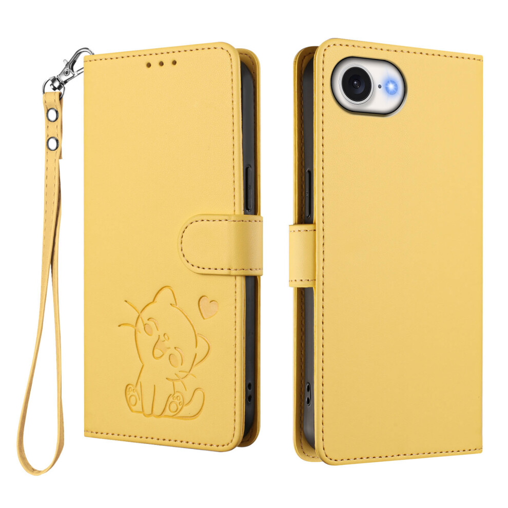 (Yellow) For Iphone 17E / 16E Wallet Case With Wrist Strap Love Cat Pattern Imprint Leather Phone Cover Yellow 6914294993150