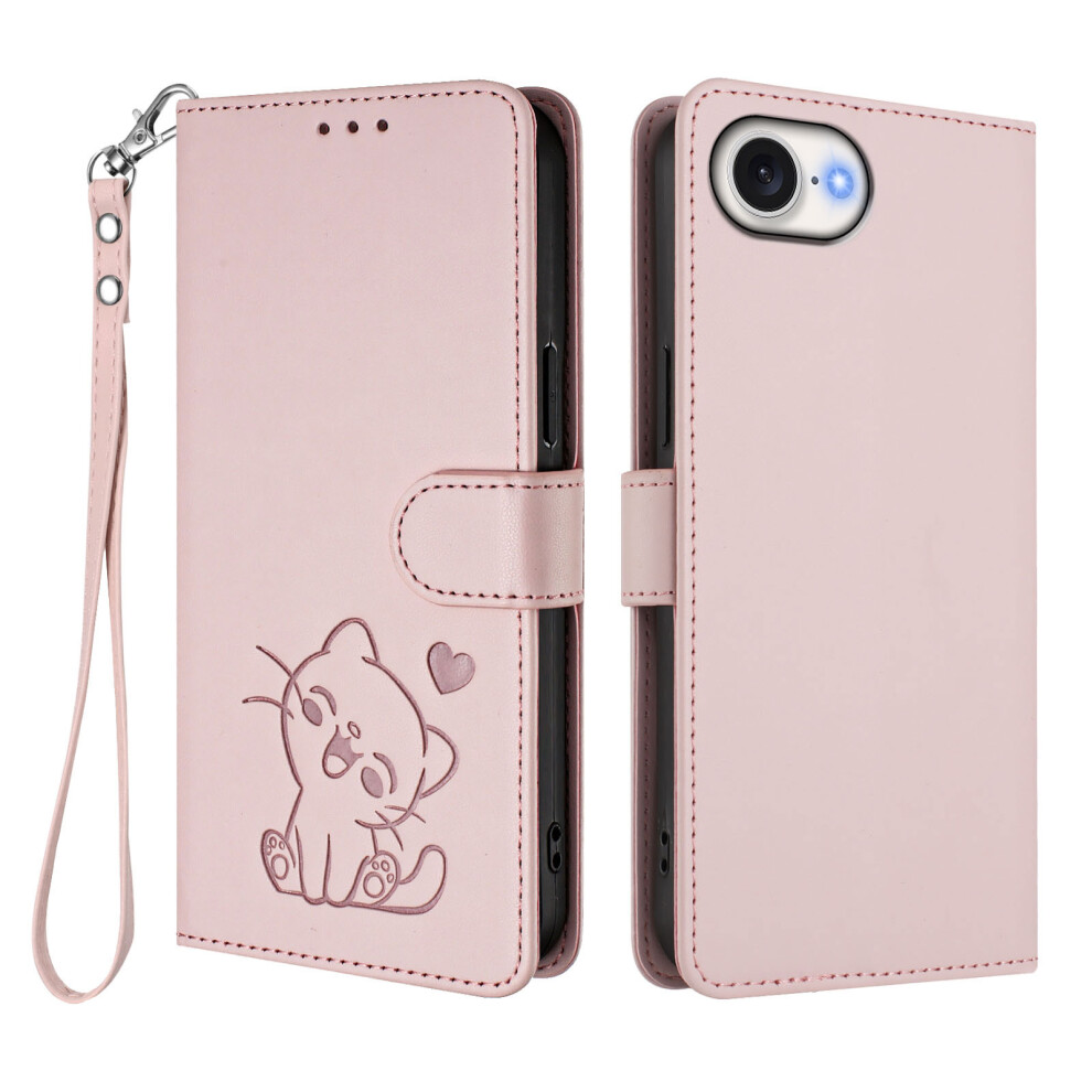 (Pink) For Iphone 17E / 16E Wallet Case With Wrist Strap Love Cat Pattern Imprint Leather Phone Cover Pink 6914293954473