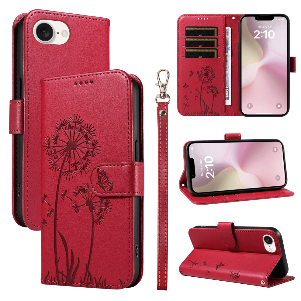 (Red) For Iphone 17E / 16E Leather Wallet Case With Strap Dandelion Imprint Phone Stand Cover Red 6914292824296