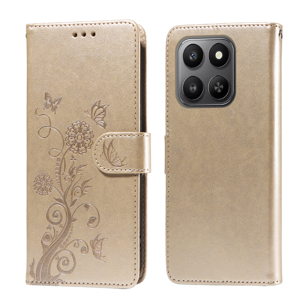 (Golden) For Honor 400 Smart 5G / 4G / X7d 4G Leather Case Butterfly Floral Imprint Wallet Stand Cover Golden 6914290347650