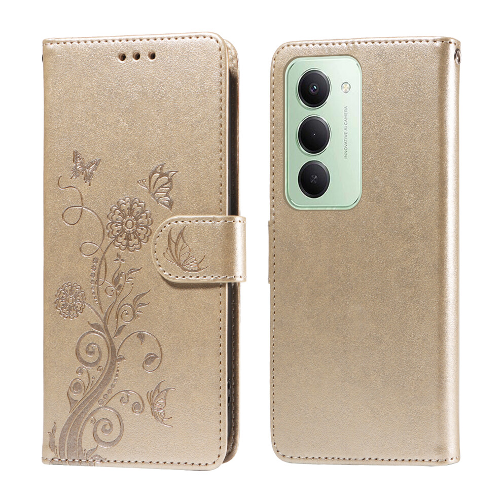 (Golden) For Xiaomi Redmi 15 5G (Global) (169Mm) Leather Case Butterfly Floral Imprint Wallet Stand Cover Golden 6914293208835