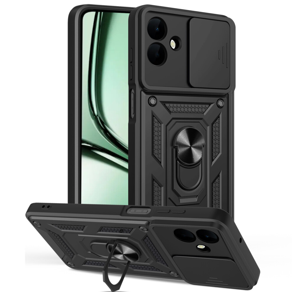 (Black) Amorus For Samsung Galaxy A07 5G / A07 4G Case Kickstand Pc + Tpu Phone Cover With Camera Lens Slider Black 6914292831232