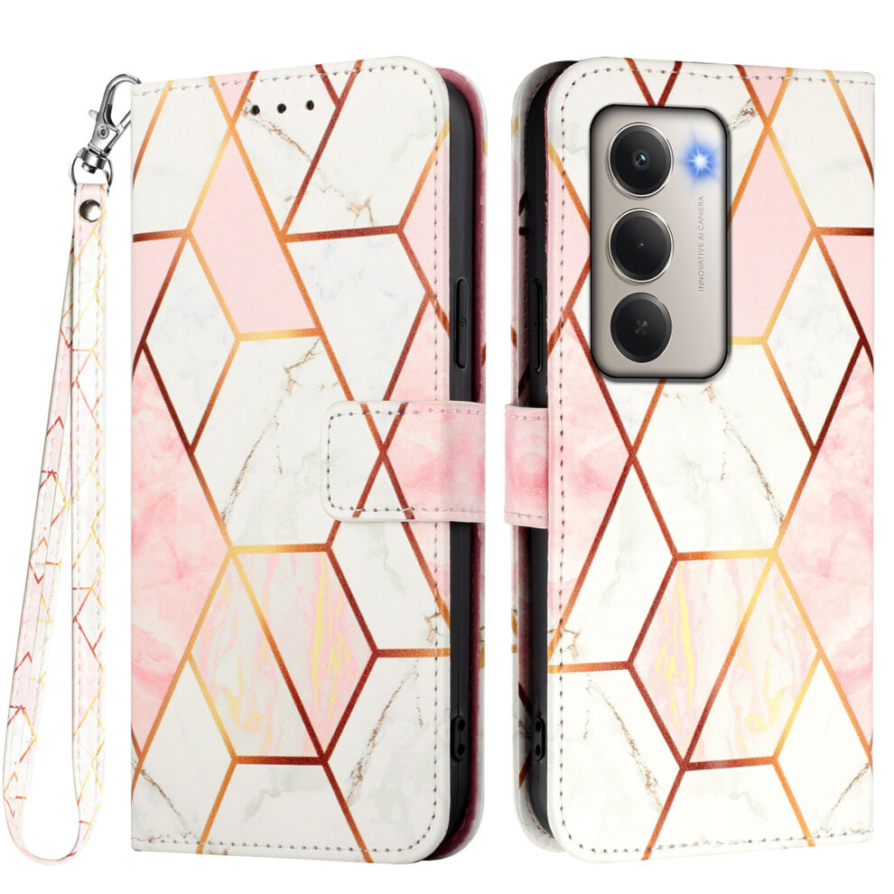 (Pink / White Ls002) For Xiaomi Redmi 15 5G (Global) (169Mm) Case With Strap Marble Pattern Leather Phone Cover Card Holder Pink,White 6914299329503
