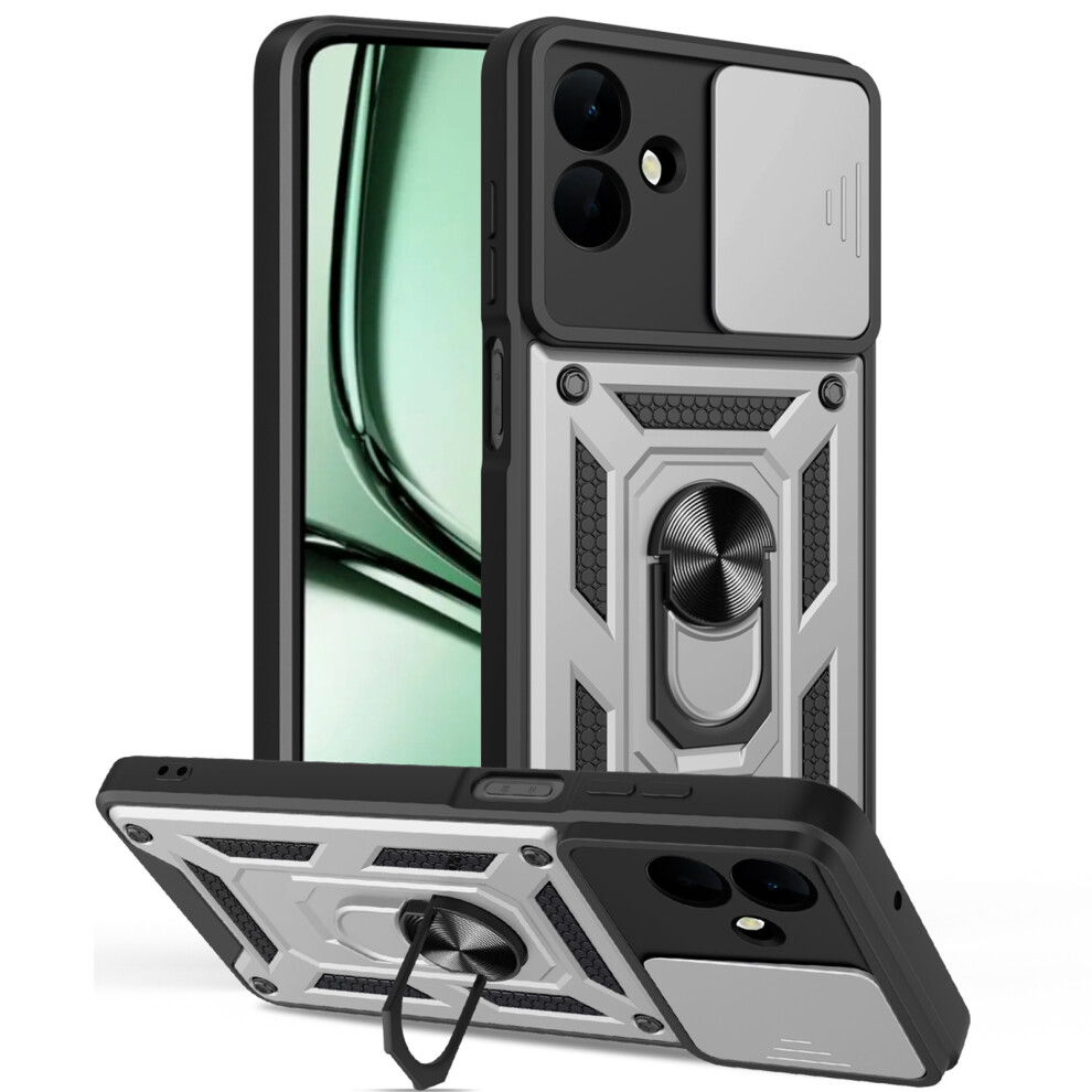 (Silver) Amorus For Samsung Galaxy A07 5G / A07 4G Case Kickstand Pc + Tpu Phone Cover With Camera Lens Slider Silver 6914298371145