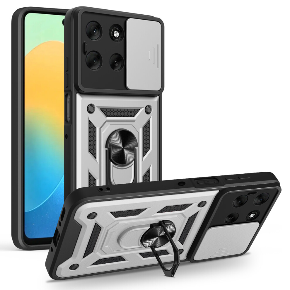 (Silver) Amorus For Motorola Moto G56 5G Case Kickstand Pc + Tpu Phone Cover With Camera Lens Slider Silver 6914297814742