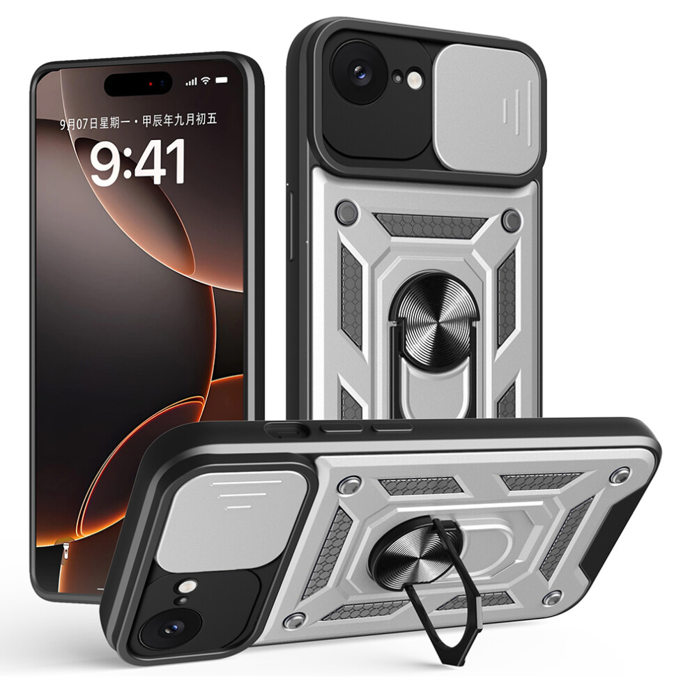 (Silver) Amorus For Iphone 17E / 16E Case Kickstand Pc + Tpu Phone Cover With Camera Lens Slider Silver 6914299592648