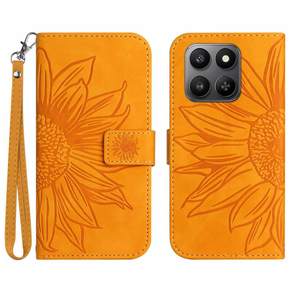 (Yellow) For Honor 400 Smart 5G / 4G / X7d 4G Case Sunflower Imprint Leather Wallet Phone Cover With Wrist Strap Yellow 6914293276452