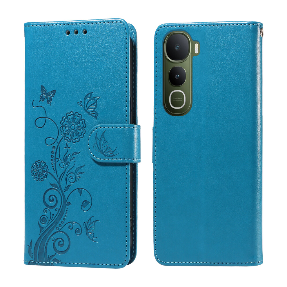 (Blue) For Vivo Y400 5G Leather Case Butterfly Floral Imprint Wallet Stand Cover Blue 6914296097269