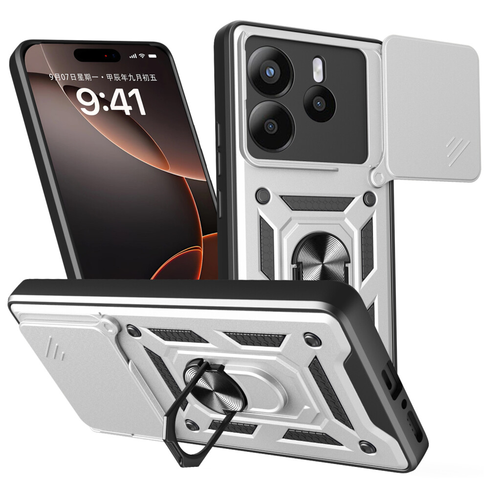 (Silver) Amorus For Xiaomi Redmi Note 14 4G (164.84Mm) Case Kickstand Pc + Tpu Phone Cover With Camera Lens Slider Silver 6914293616975