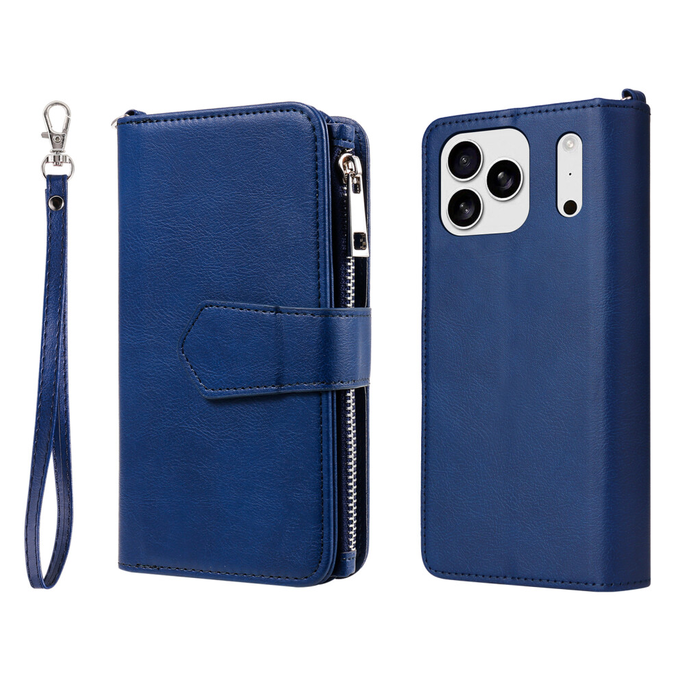(Blue) For Iphone 17 Pro Magnetic Leather Case Mobile Cover With Detachable Zipper Wallet Strap Blue 6914296664171