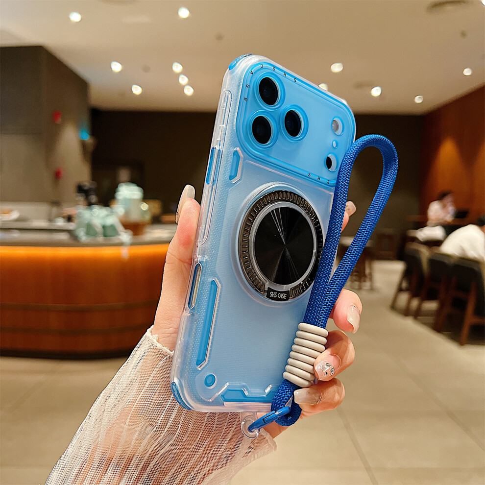 (Blue) For Iphone 17 Pro Case Ring Kickstand Pc + Tpu Translucent Phone Back Cover With Hand Strap Blue 6914291034993