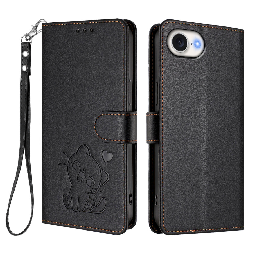 (Black) For Iphone 17E / 16E Wallet Case With Wrist Strap Love Cat Pattern Imprint Leather Phone Cover Black 6914294356801