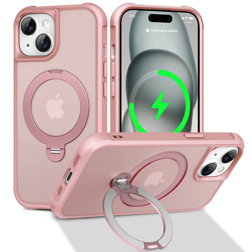 (Pink) For Iphone 15 Case Compatible With Magsafe Rotatable Kickstand Tpu + Pc Shockproof Phone Cover Pink 6914290844944