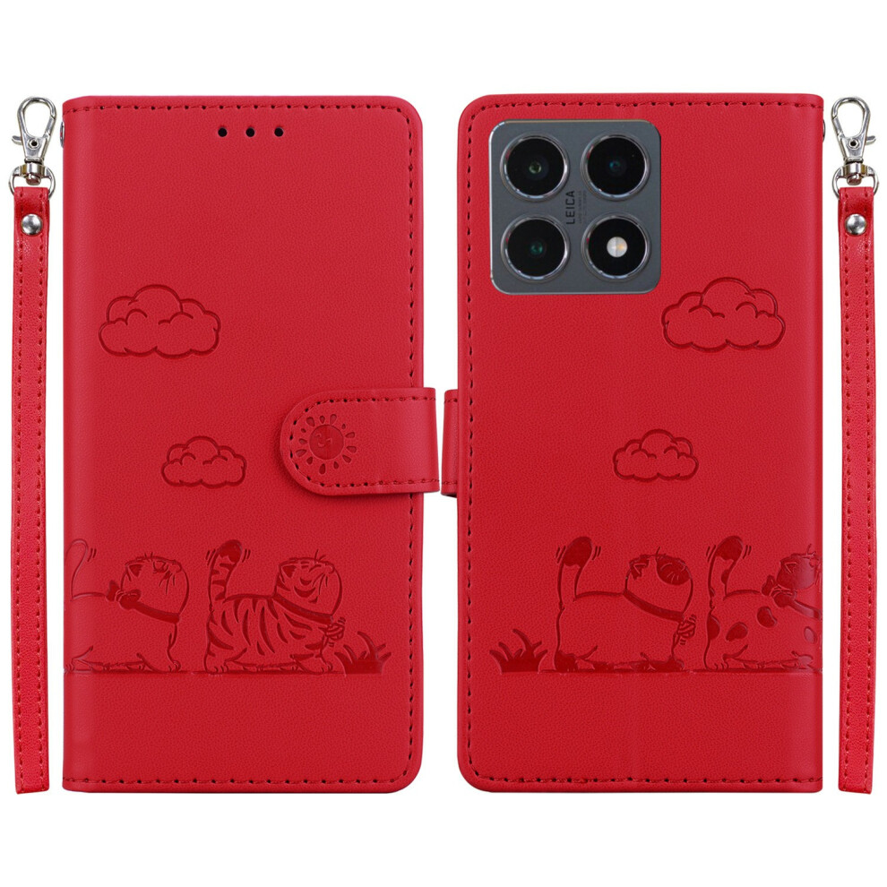 (Red) For Xiaomi 15T Case Rfid Blocking Kitten Pattern Tpu + Pu Leather Phone Cover With Wrist Strap Red 6914297591353