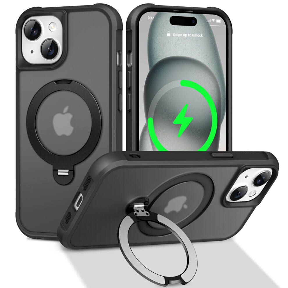 (Black) For Iphone 15 Case Compatible With Magsafe Rotatable Kickstand Tpu + Pc Shockproof Phone Cover Black 6914297728438