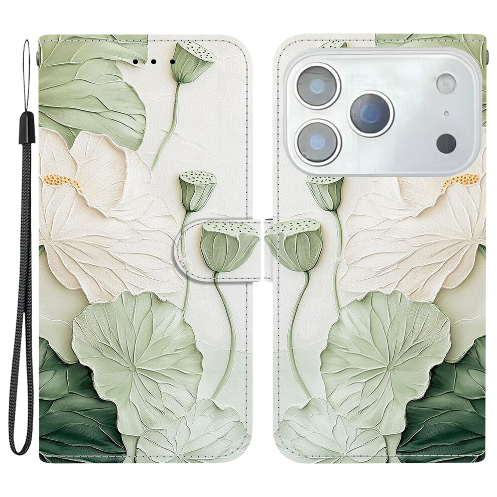 (Lotus) For Iphone 17 Pro Wallet Case Pattern Printing Leather Stand Phone Cover With Strap 6914298211946