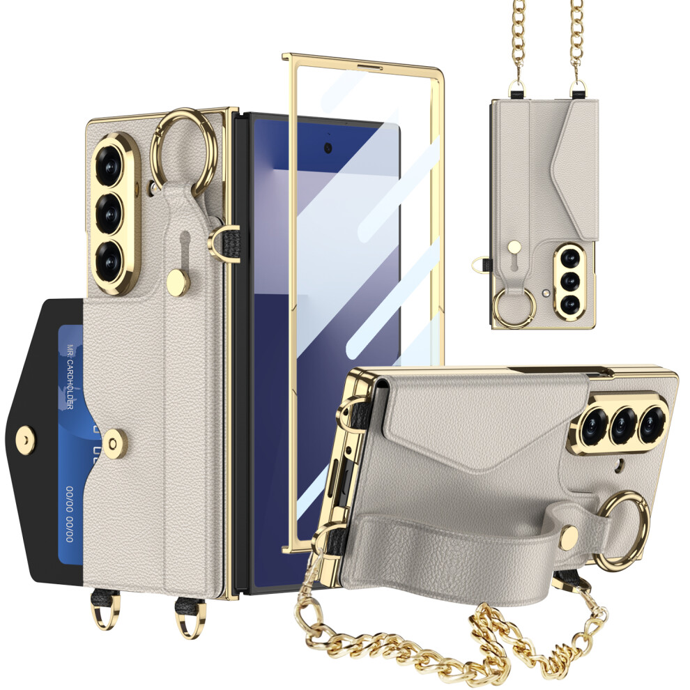 (Titanium ) Gkk For Samsung Galaxy Z Fold7 5G Case With Pu Strap Kickstand / Metal Chain / Screen Film Electroplated Pc Phone Cover Grey 6914291408244