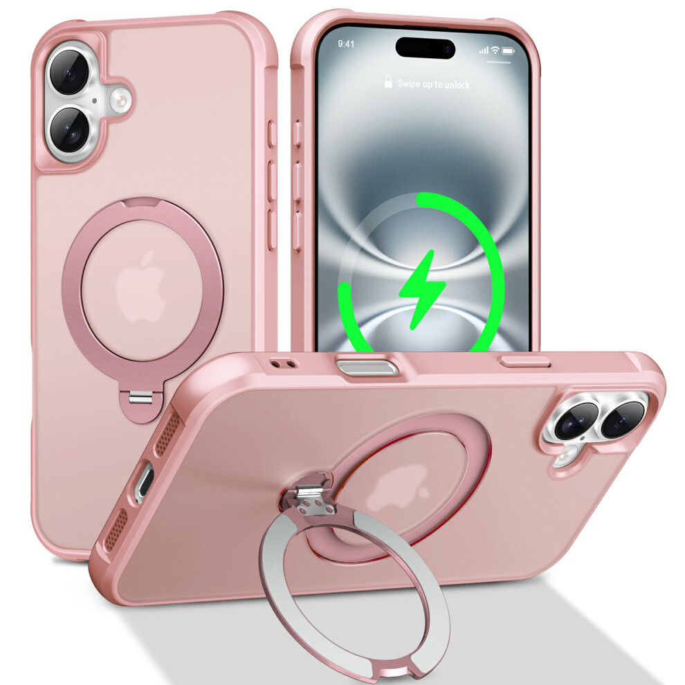 (Pink) For Iphone 16 Case Compatible With Magsafe Rotatable Kickstand Tpu + Pc Shockproof Phone Cover Pink 6914296478570