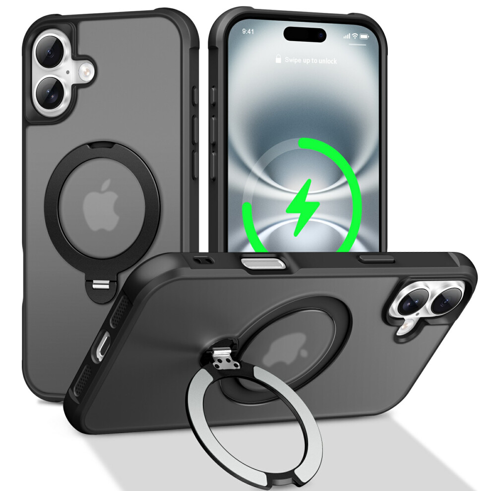 (Black) For Iphone 16 Case Compatible With Magsafe Rotatable Kickstand Tpu + Pc Shockproof Phone Cover Black 6914296856385