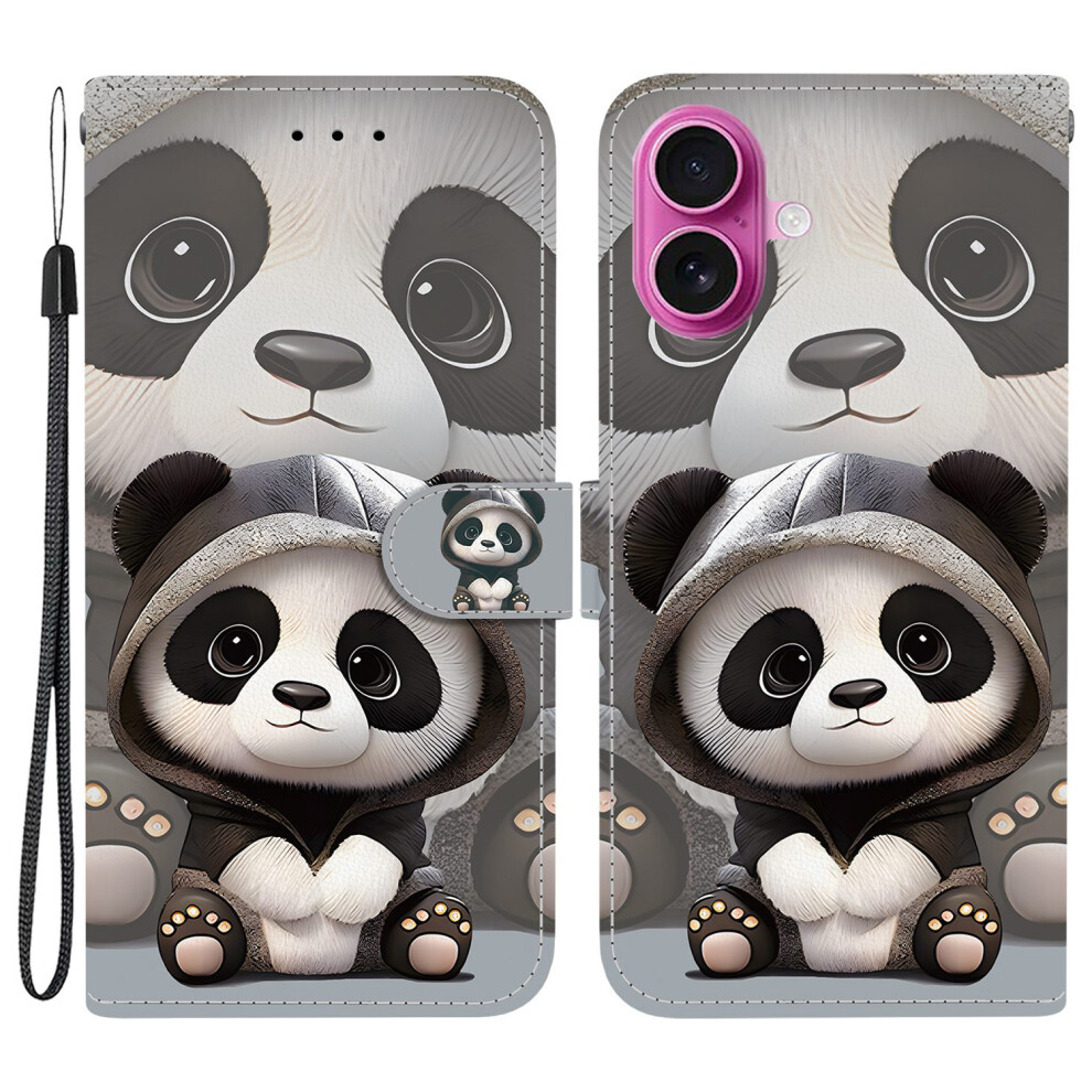 (Panda) For Iphone 17 Wallet Case Pattern Printing Leather Stand Phone Cover With Strap 6914291438661