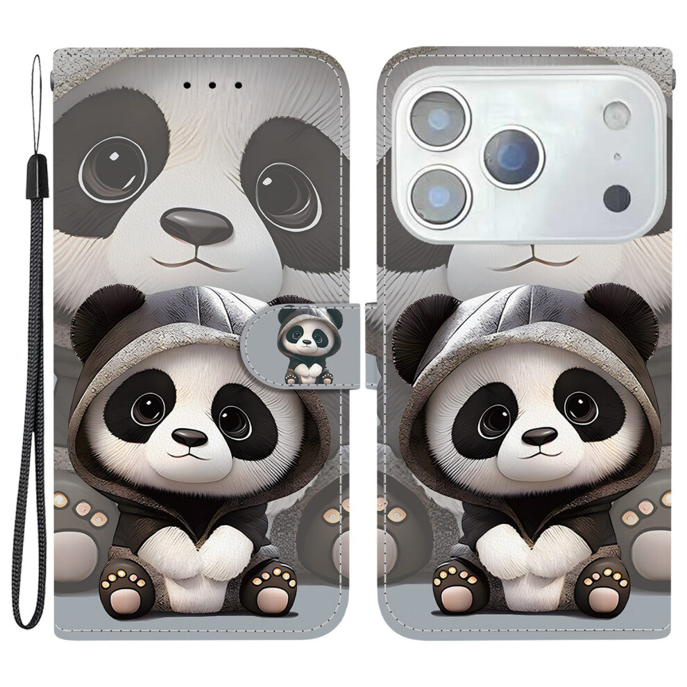 (Panda) For Iphone 17 Pro Wallet Case Pattern Printing Leather Stand Phone Cover With Strap 6914295322201