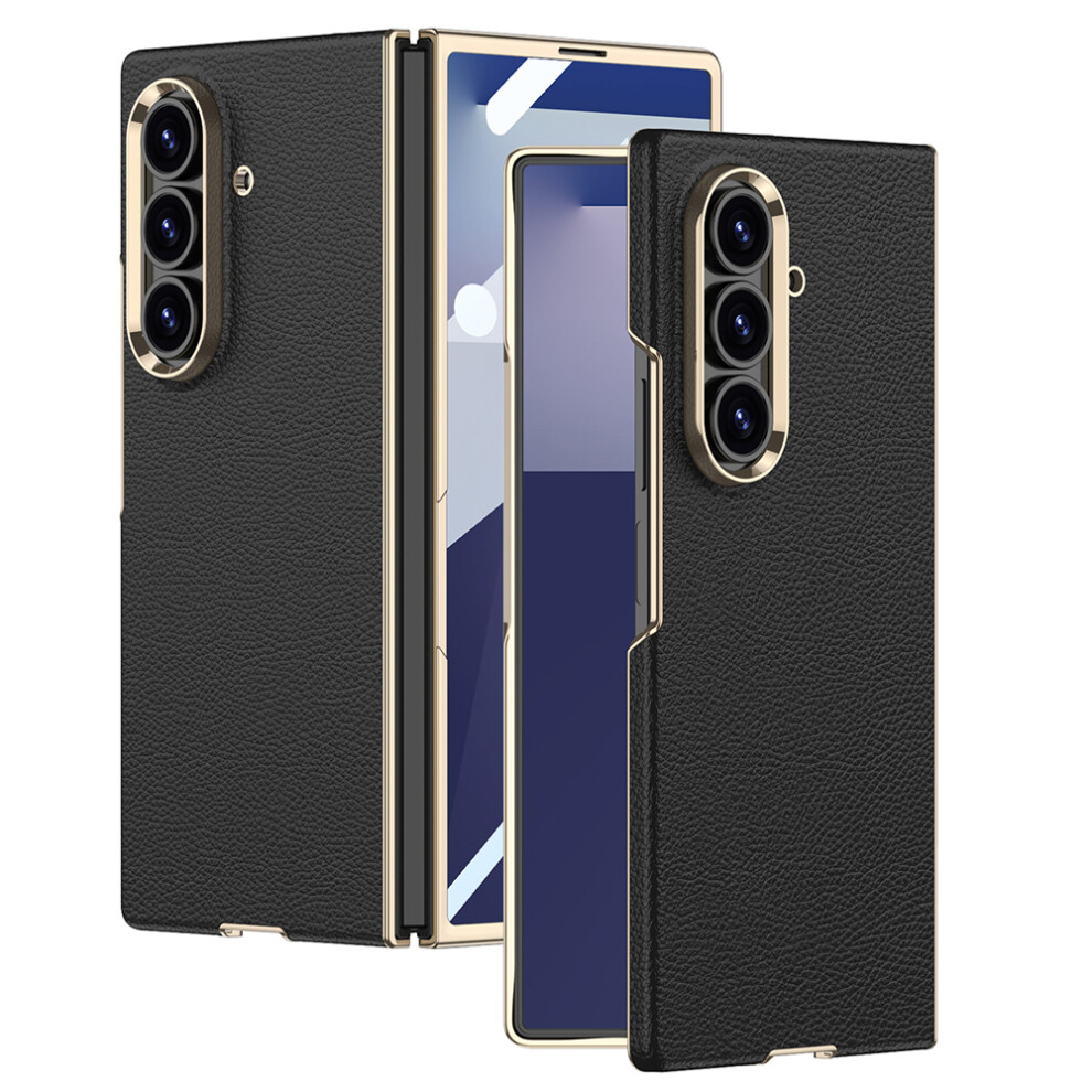 (Black) Gkk For Samsung Galaxy Z Fold7 5G Case Electroplated Pc + Pu Phone Cover With Tempered Glass Front Film Black 6914294534667