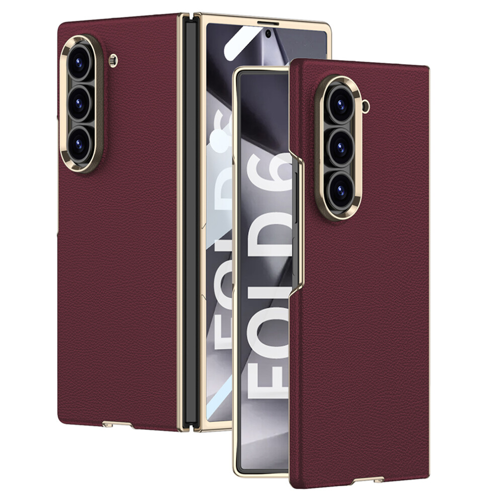 (Red) Gkk For Samsung Galaxy Z Fold6 5G Case Electroplated Pc + Pu Phone Cover With Tempe Glass Front Film Red 6914290201075