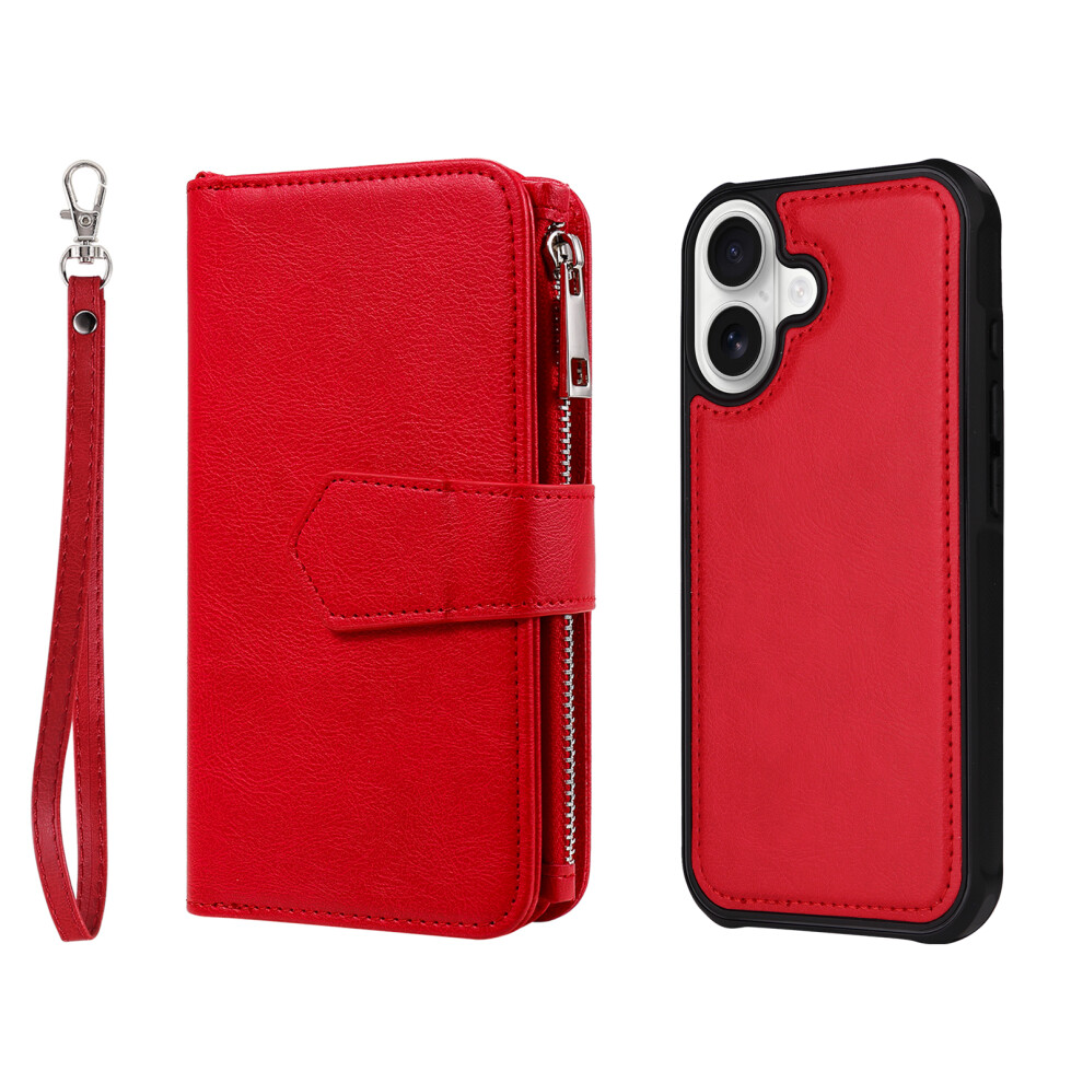 (Red) For Iphone 17 Magnetic Leather Case Mobile Cover With Detachable Zipper Wallet Strap Red 6914296888621