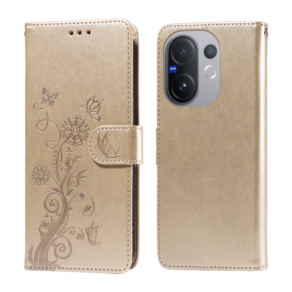 (Golden) For Vivo V60 5G Leather Case Butterfly Floral Imprint Wallet Stand Cover Golden 6914292716942