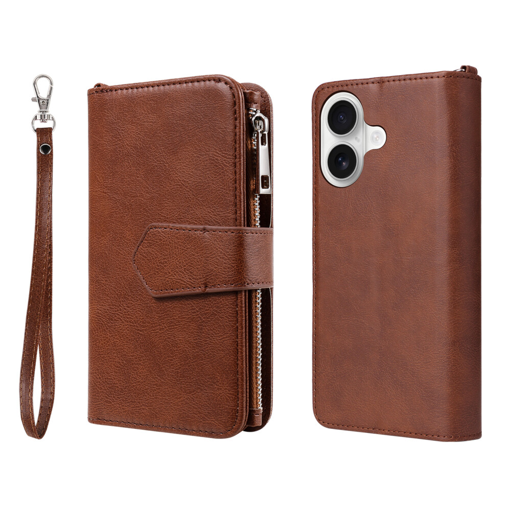 (Brown) For Iphone 17 Magnetic Leather Case Mobile Cover With Detachable Zipper Wallet Strap Brown 6914296001143