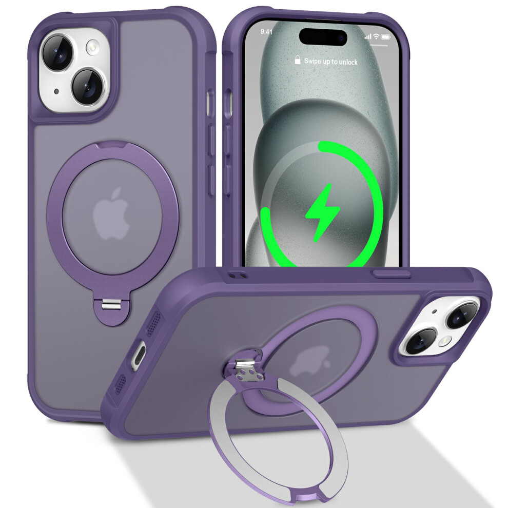 (Purple) For Iphone 15 Case Compatible With Magsafe Rotatable Kickstand Tpu + Pc Shockproof Phone Cover Purple 6914295749961