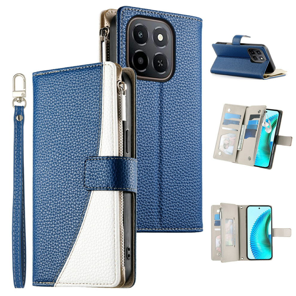 (Dark ) For Honor X6c 4G / X5b / X5b Plus Case Zipper Wallet Color Splicing Leather Flip Phone Cover With Straps Blue 6914293037107