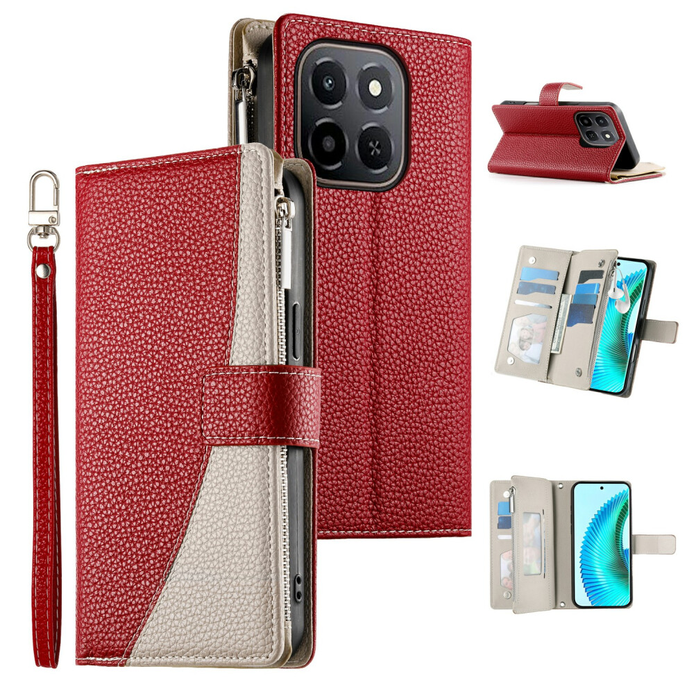 (Red) For Honor X6c 4G / X5b / X5b Plus Case Zipper Wallet Color Splicing Leather Flip Phone Cover With Straps Red 6914295070300