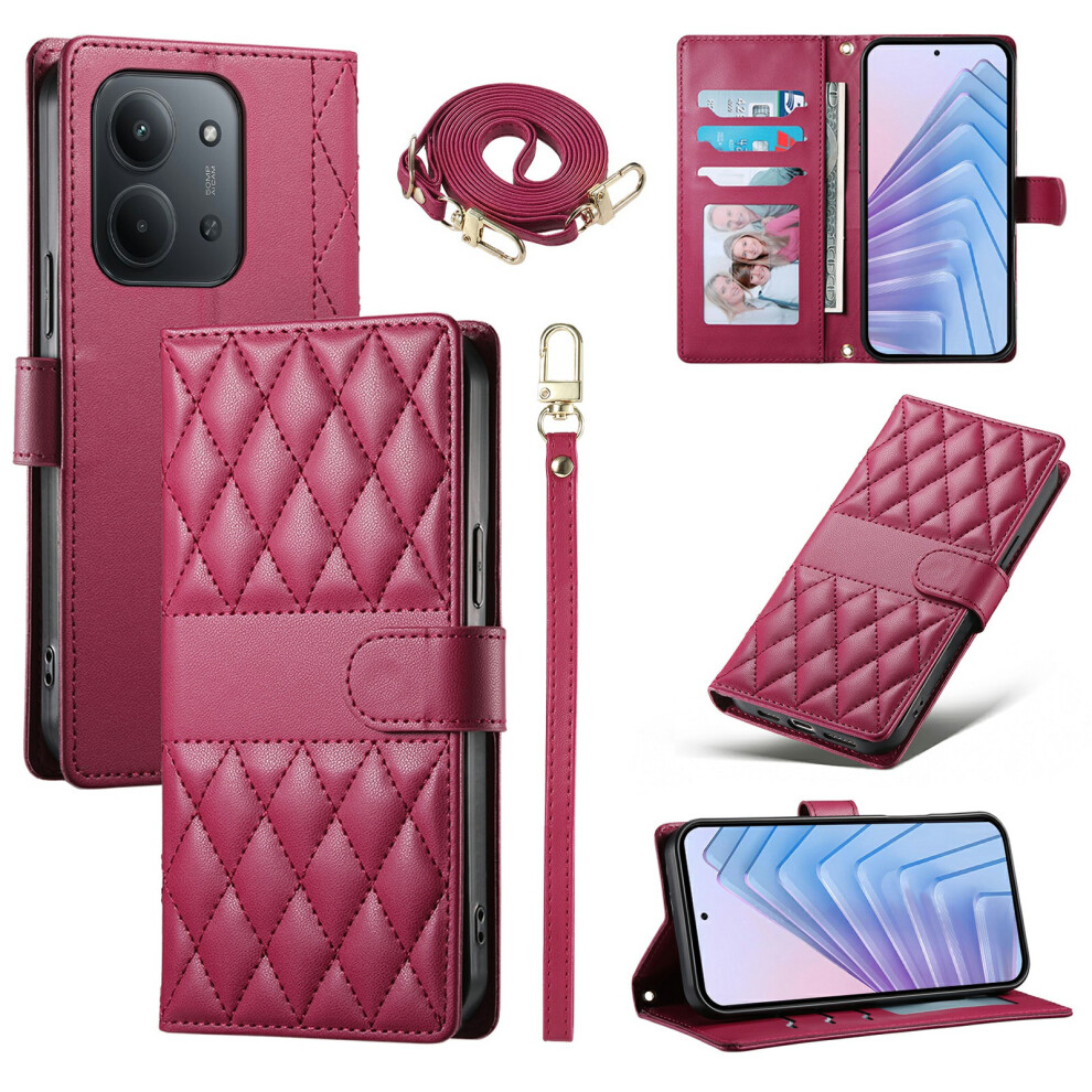 (Red) Wallet Case For Xiaomi Mi 15C 4G (Global) (171Mm) / Poco C85 4G (171Mm) Rhombus Stitching Leather Phone Cover With Long / Short Red 6914298917053
