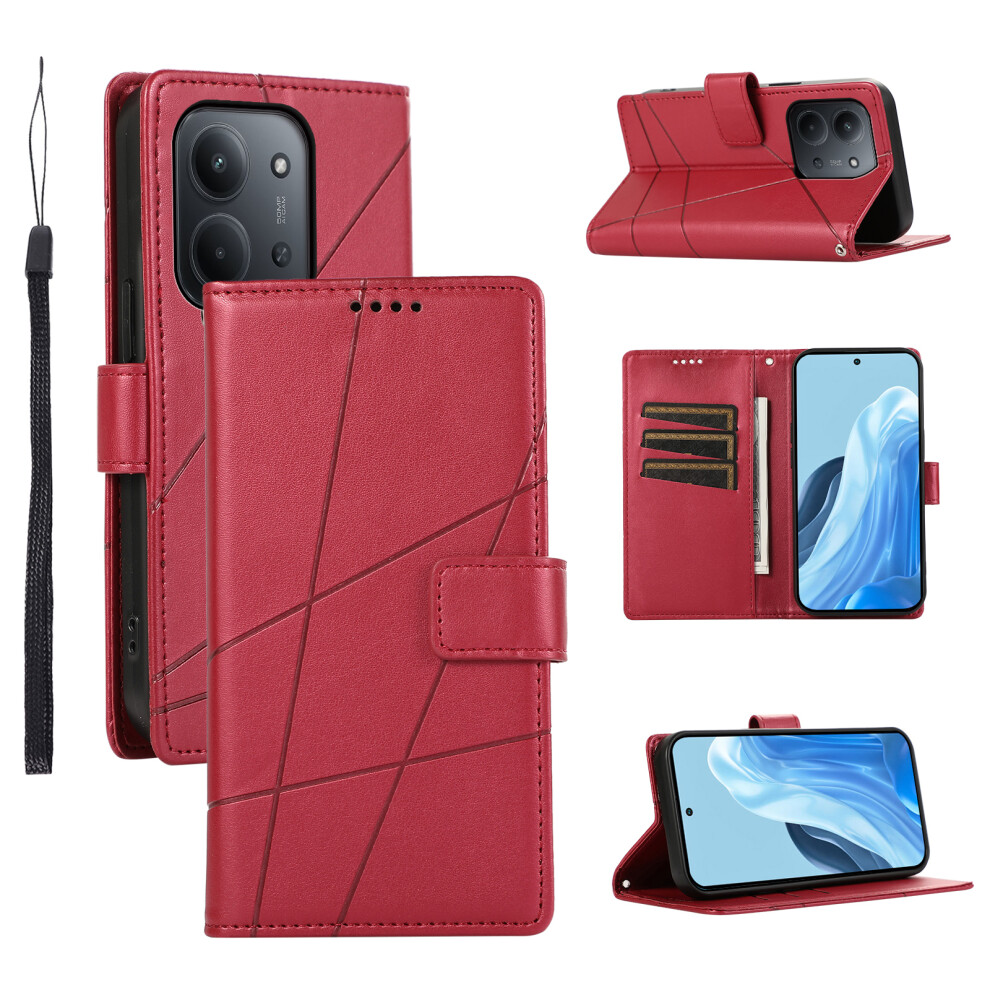 (Red) For Xiaomi Mi 15C 4G (Global) (171Mm) / Poco C85 4G (171Mm) Phone Case Line Imprint Leather Wallet Cover With Wrist Strap Red 6914297278902