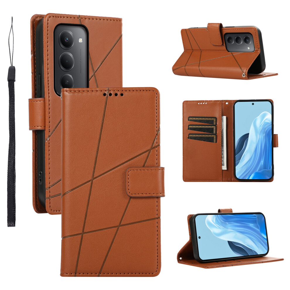 (Brown) For Xiaomi Redmi 15 5G (Global) (169Mm) Phone Case Line Imprint Leather Wallet Cover With Wrist Strap Brown 6914299019886