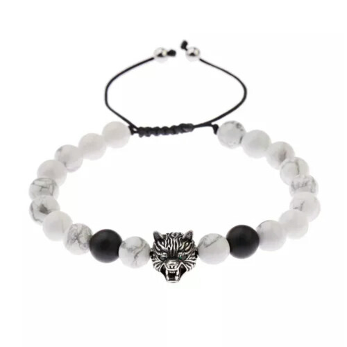 Wolf beaded bracelet 8mm natural stone silver