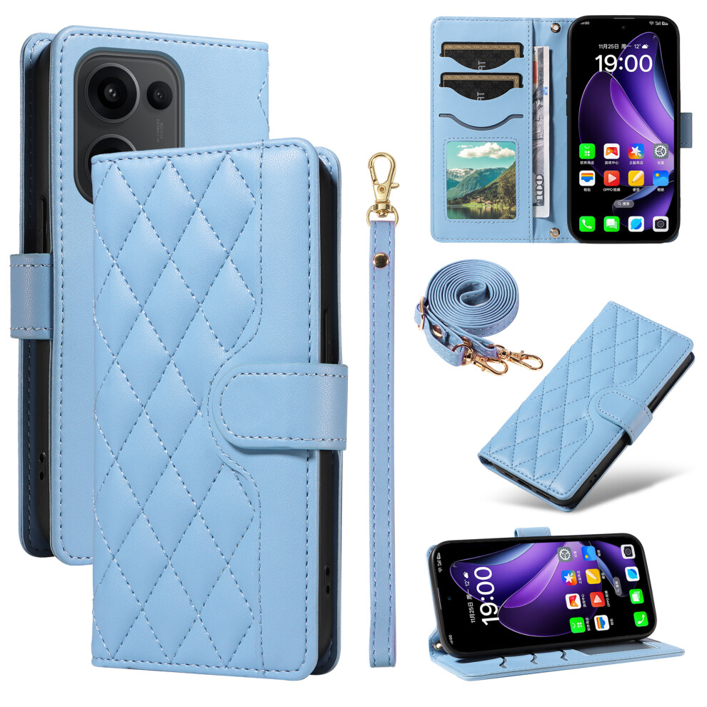 (Blue) For Oppo Reno13 5G (Global) Wallet Case Rhombus Leather Phone Cover With Strap Blue 6914291315153