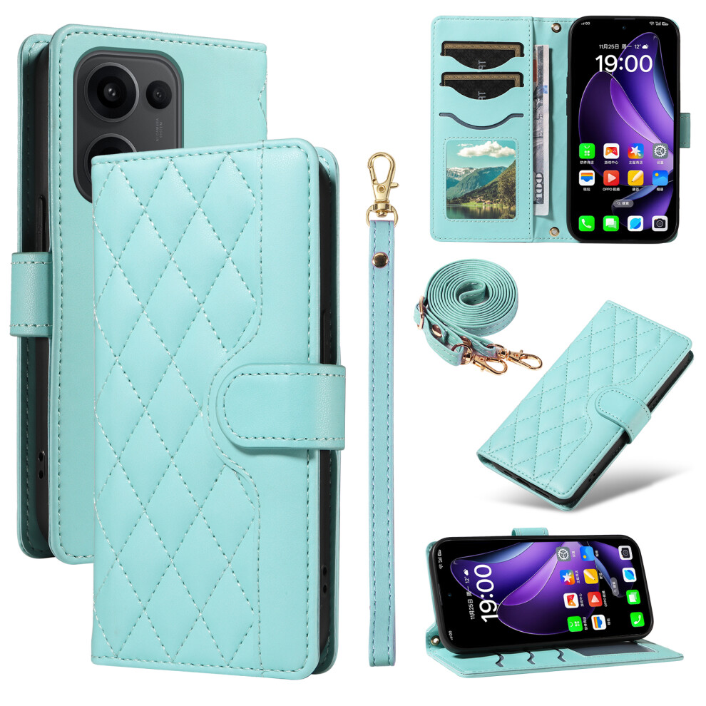 (Green) For Oppo Reno13 5G (Global) Wallet Case Rhombus Leather Phone Cover With Strap Green 6914295469418