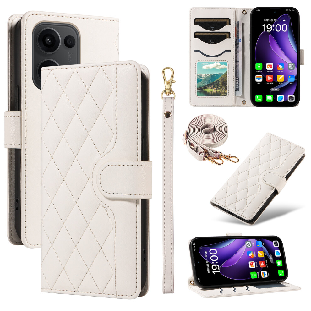 (White) For Oppo Reno13 5G (Global) Wallet Case Rhombus Leather Phone Cover With Strap White 6914292237478