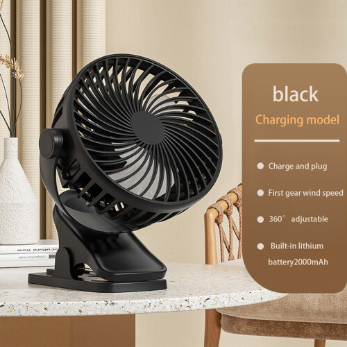 Clip-on Desk Fan Black 3 Speeds Rechargeable 1
