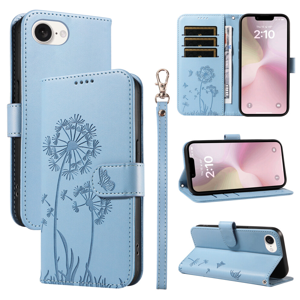 (Sky ) For Iphone 17E / 16E Leather Wallet Case With Strap Dandelion Imprint Phone Stand Cover Blue 6914299774075