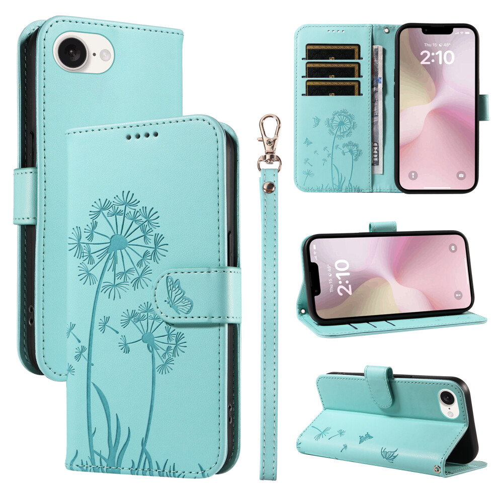 (Green) For Iphone 17E / 16E Leather Wallet Case With Strap Dandelion Imprint Phone Stand Cover Green 6914294776142