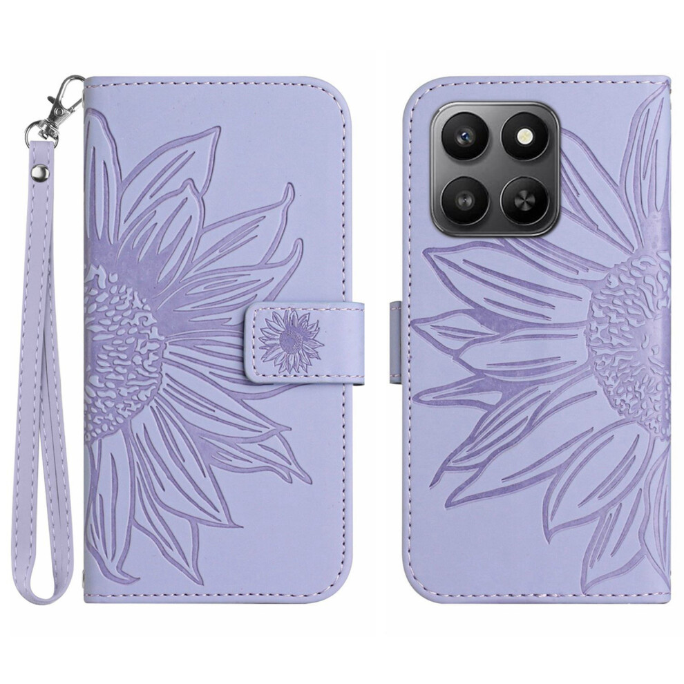 (Light ) For Honor 400 Smart 5G / 4G / X7d 4G Case Sunflower Imprint Leather Wallet Phone Cover With Wrist Strap Purple 6914296869323
