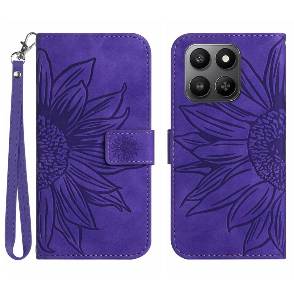 (Dark ) For Honor 400 Smart 5G / 4G / X7d 4G Case Sunflower Imprint Leather Wallet Phone Cover With Wrist Strap Purple 6914297289243