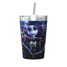Thermos L'Étrange Noël de Monsieur Jack avec paille conique, double paroi isolée sous vide, impression acier inoxydable, 35 cl, blanc