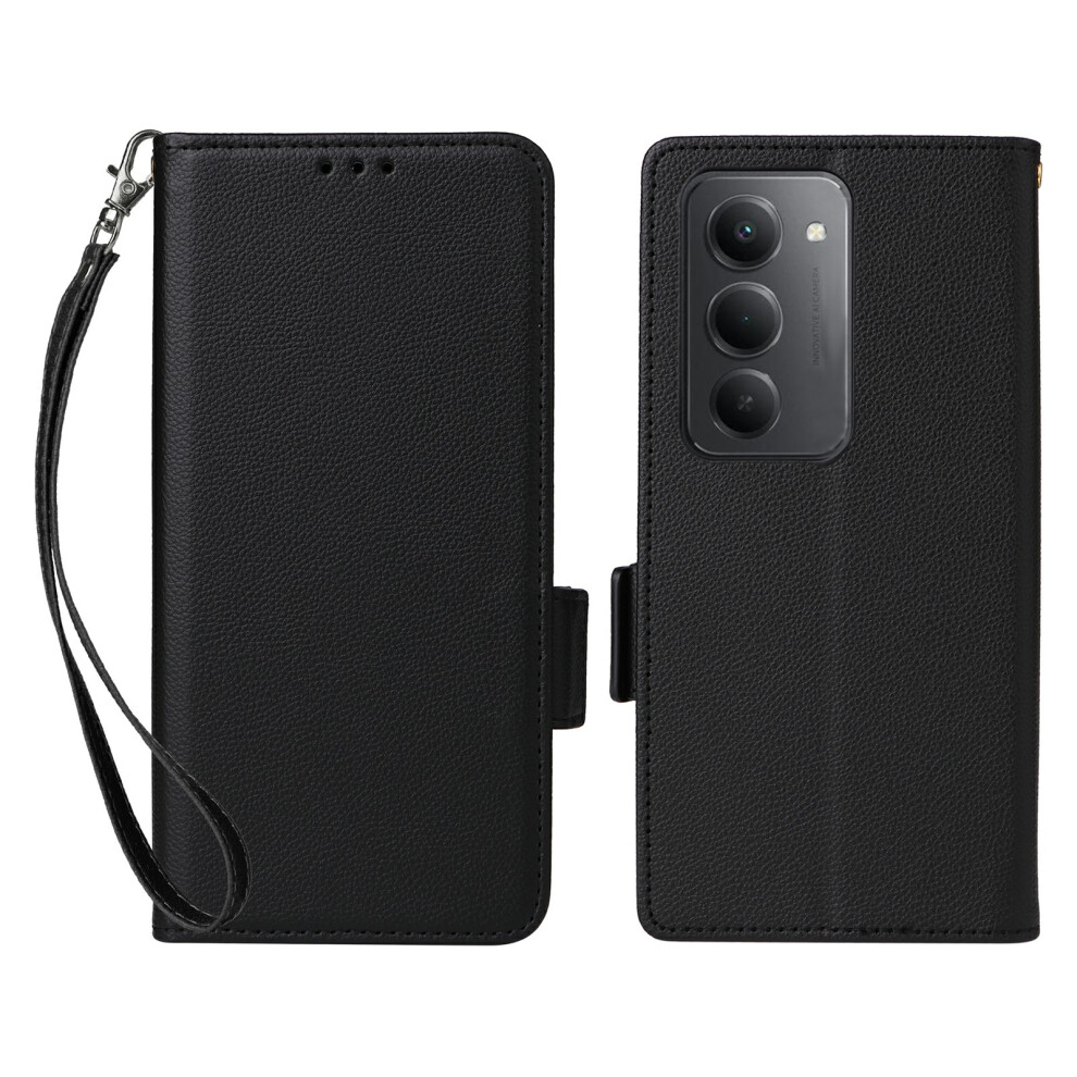 (Black) For Xiaomi Redmi 15 4G (Eu) (171Mm) Case With Wrist Strap Litchi Texture Pu Leather Wallet Phone Cover Black 6914290671618