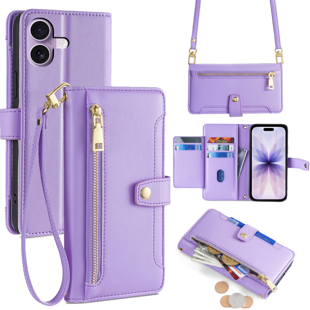 (Purple) For Iphone 17 Leather Case Zipper Pocket Wallet Phone Cover With 2 Straps Purple 6914294850989