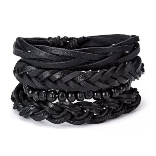 Punk Læderarmbånd Wrap Manchet til Mænd 4 stk. Sort